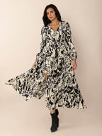 Tied Printed V-Neck Long Sleeve Midi Dress - Delanoir
