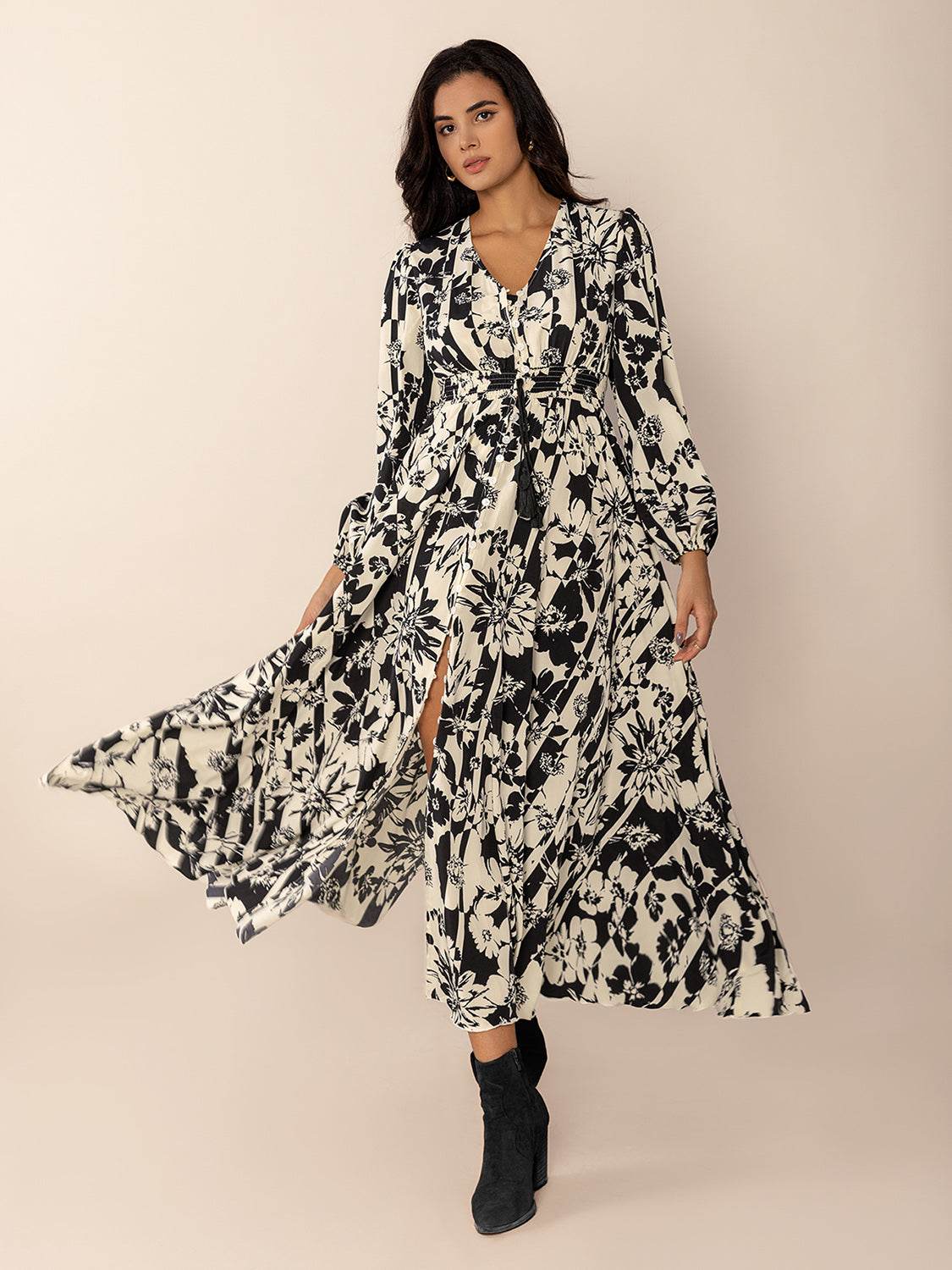 Tied Printed V-Neck Long Sleeve Midi Dress - Delanoir