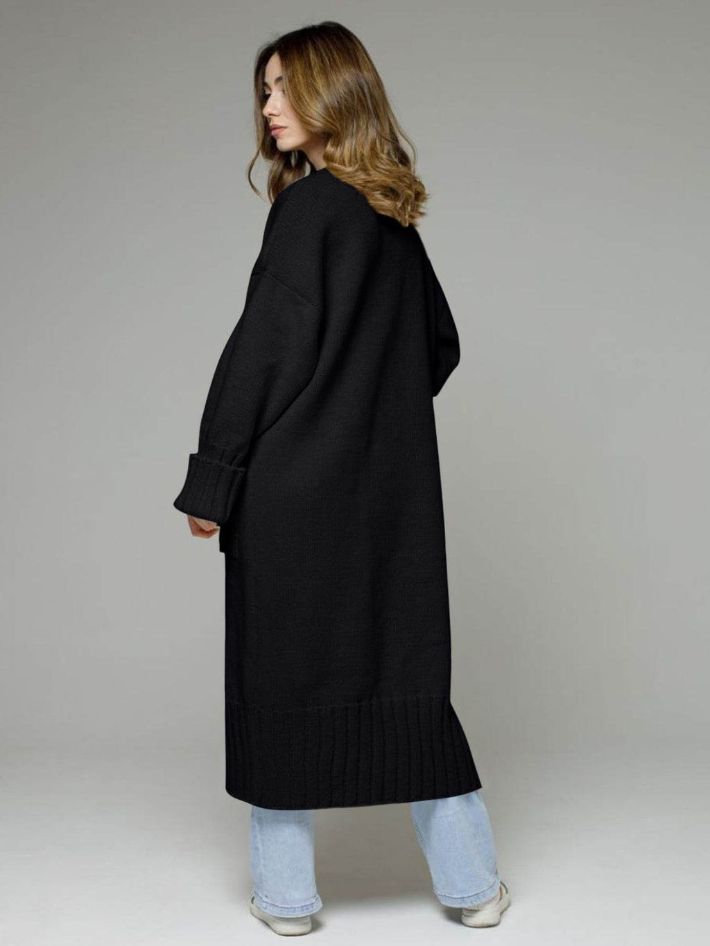 Pocketed Open Front Dropped Shoulder Cardigan - Delanoir