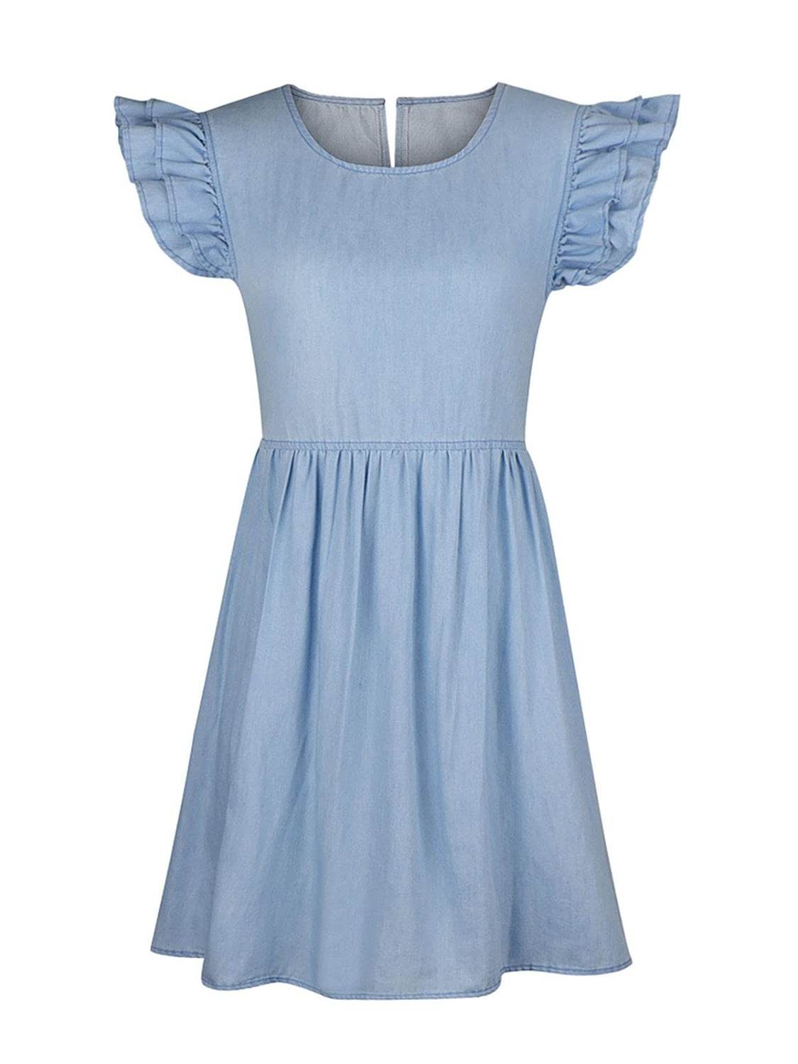 Full Size Ruffled Round Neck Cap Sleeve Denim Dress - Delanoir