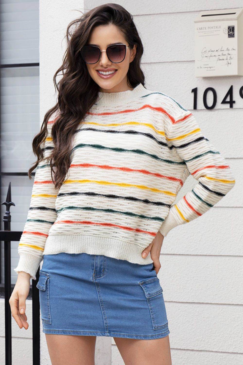 Striped Round Neck Long Sleeve Sweater - Delanoir