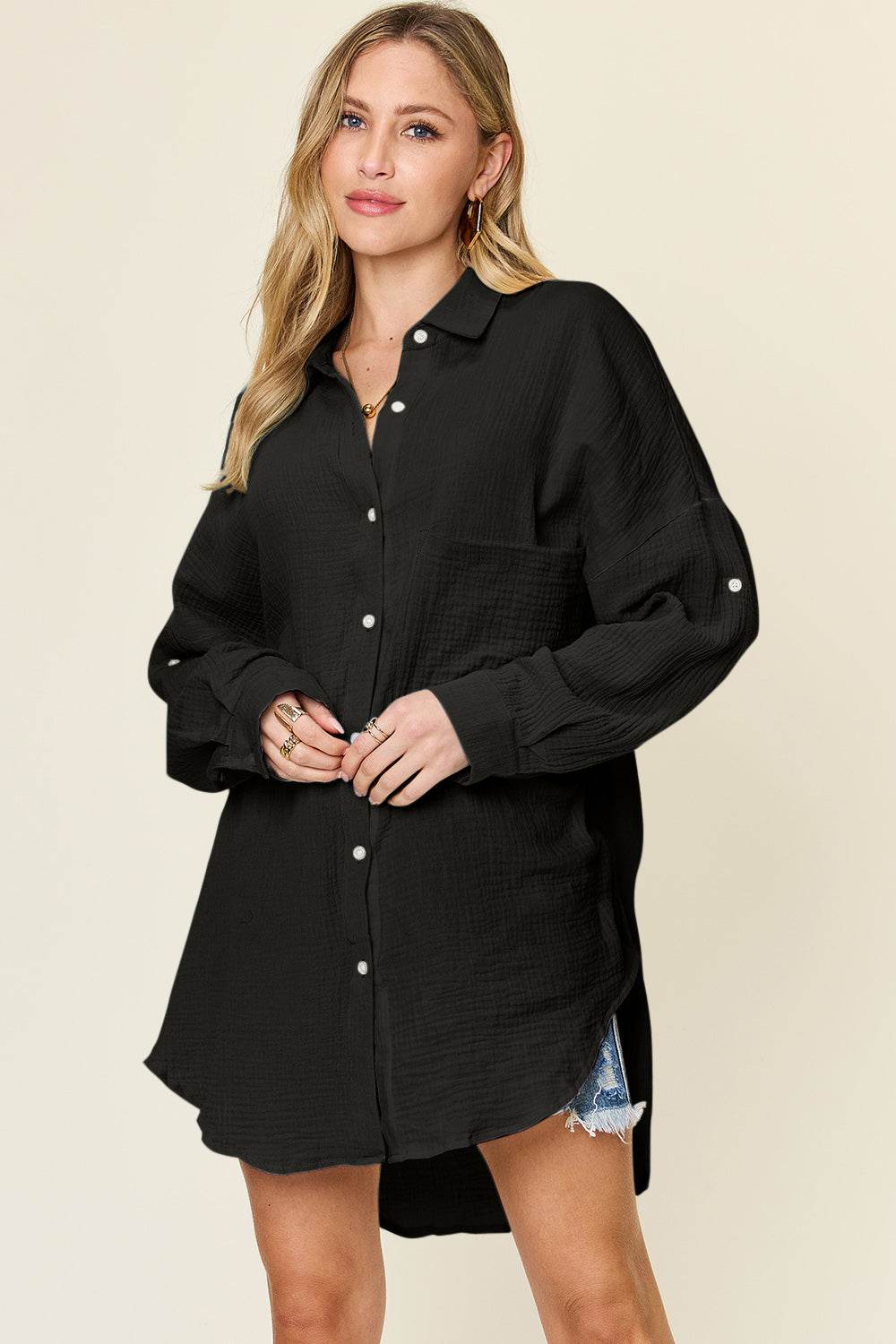Double Take Full Size Pocketed Texture Button Up Shirt - Delanoir