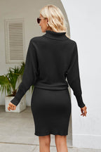 Ribbed Mock Neck Long Sleeve Dress - Delanoir