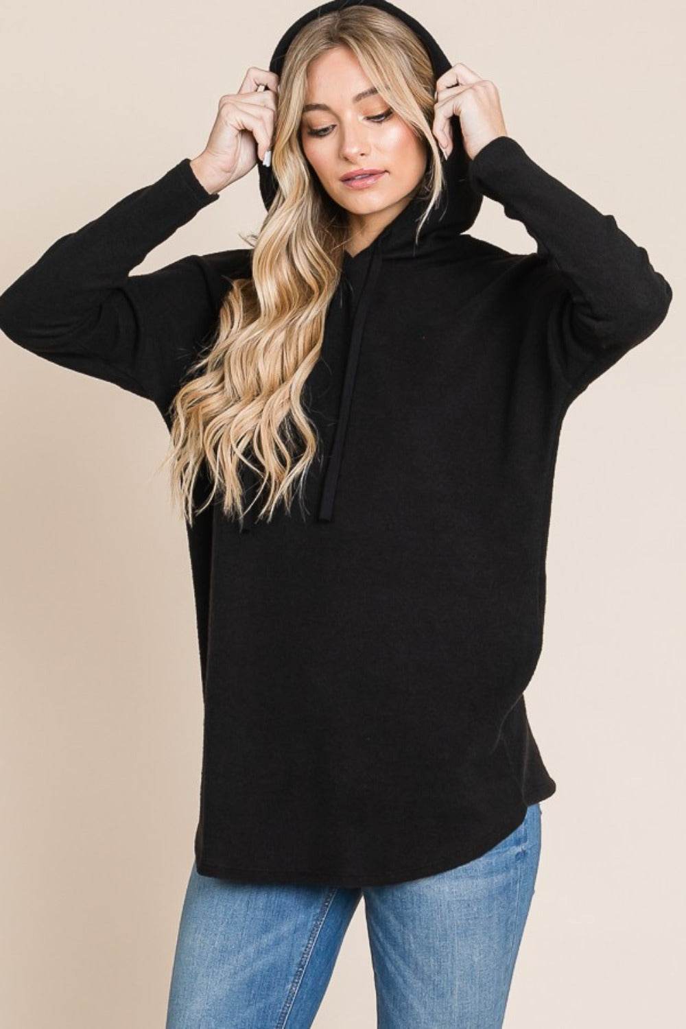 BOMBOM Contrast Drawstring Drop Shoulder Knit Hoodie - Delanoir