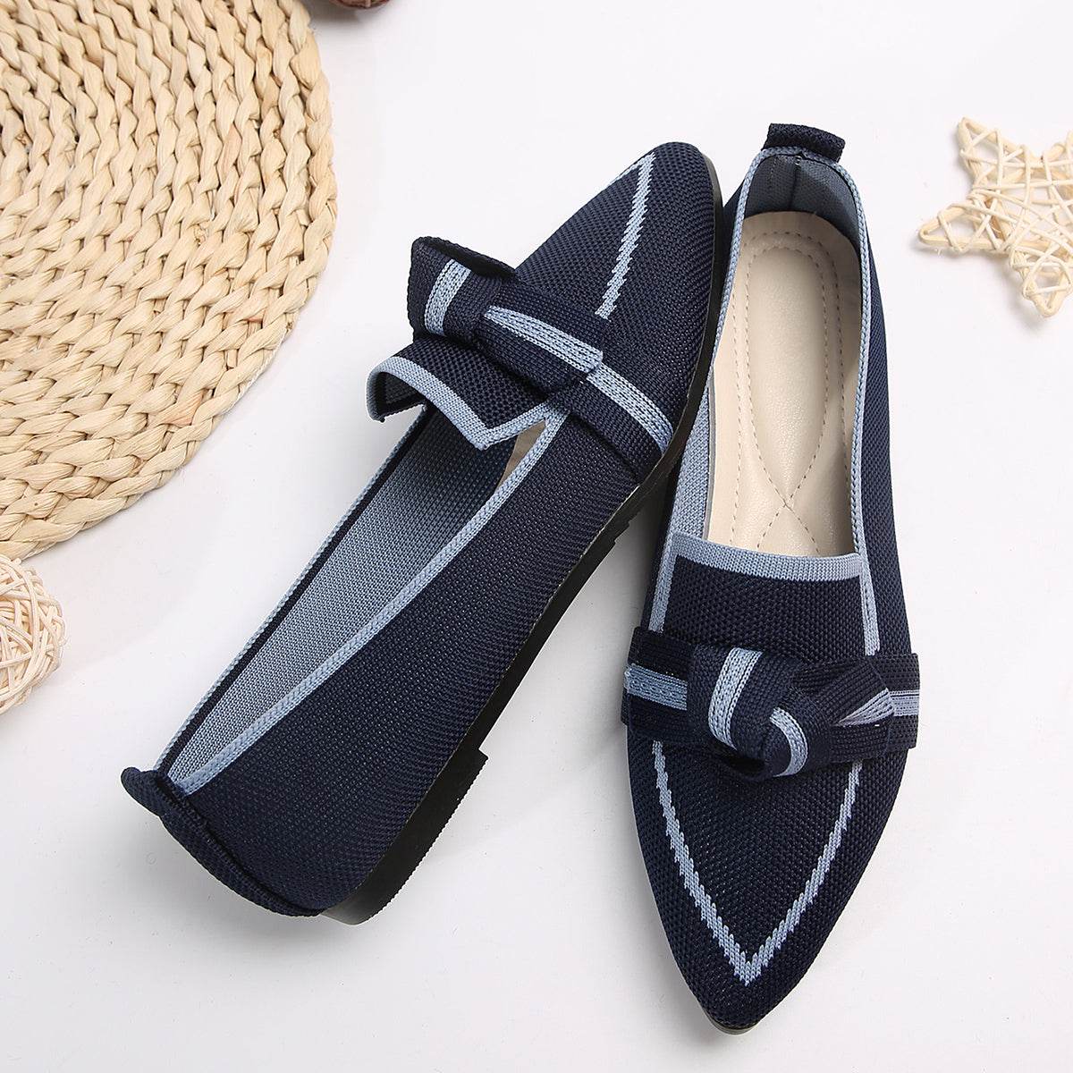 Bow Contrast Trim Point Toe Loafers - Delanoir