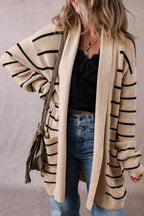 Striped Open Front Long Sleeve Cardigan - Delanoir