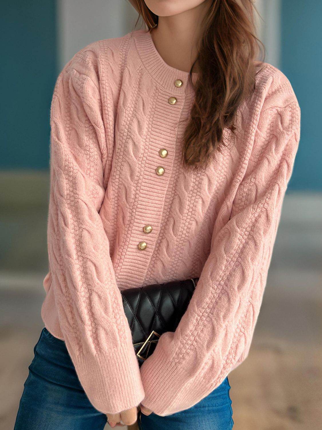 Cable-Knit Round Neck Long Sleeve Cardigan - Delanoir