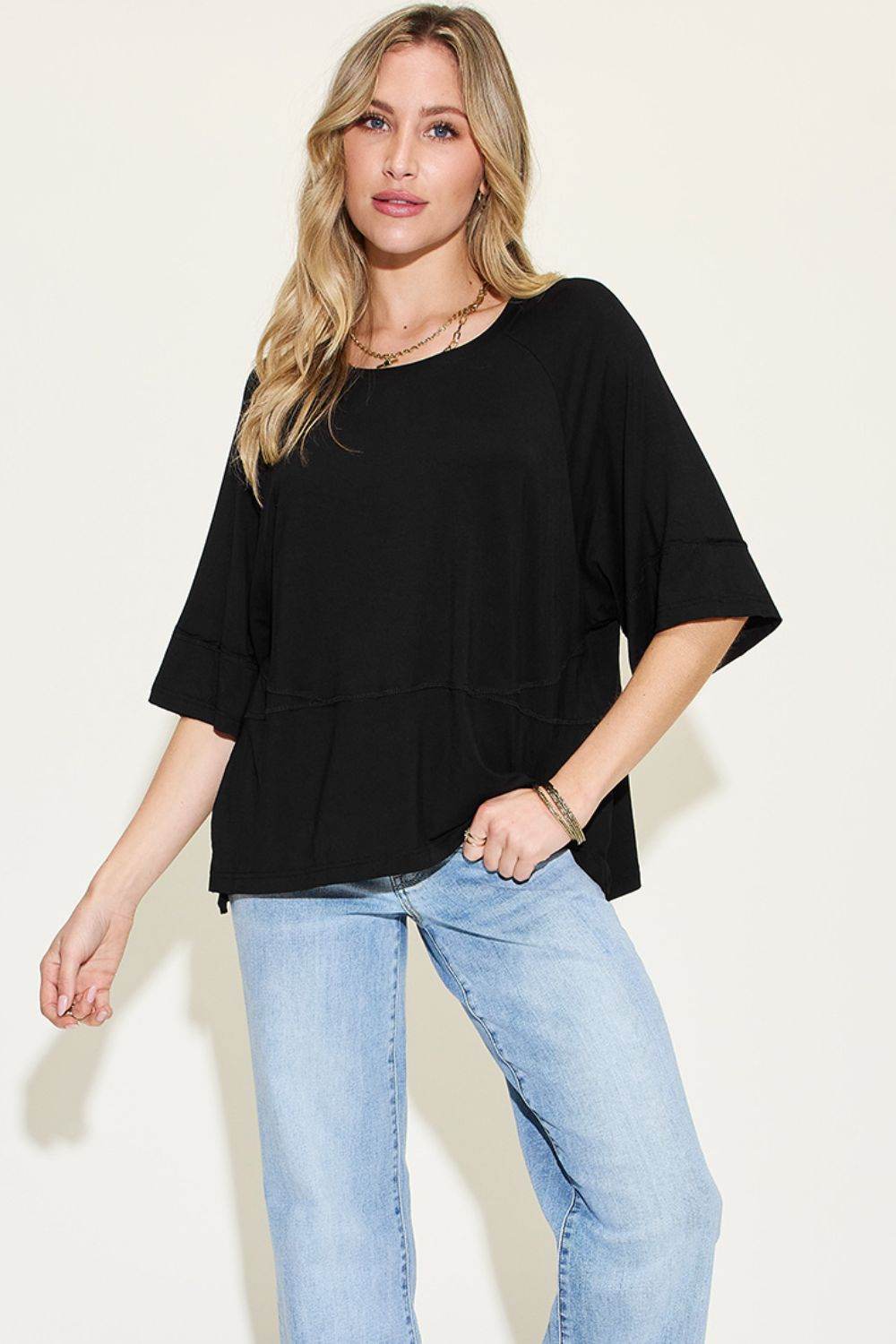 Basic Bae Full Size Bamboo Round Neck Exposed Seam T-Shirt - Delanoir
