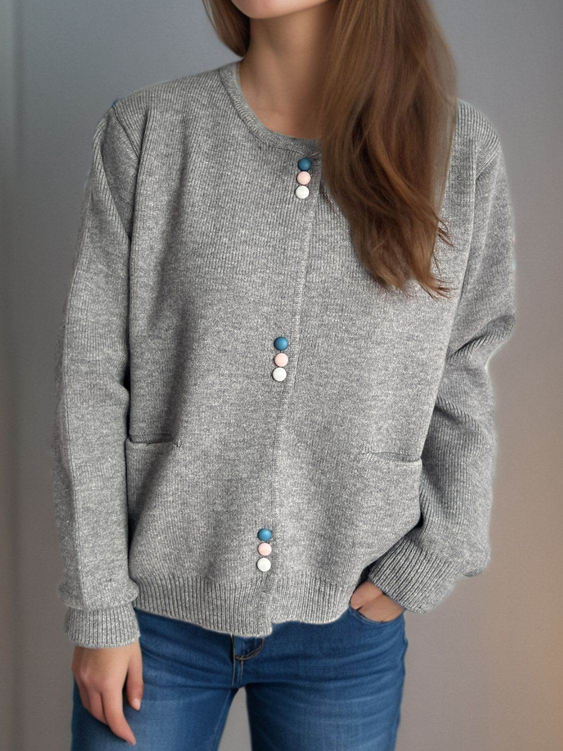 Button Down Long Sleeve Cardigan with Pockets - Delanoir