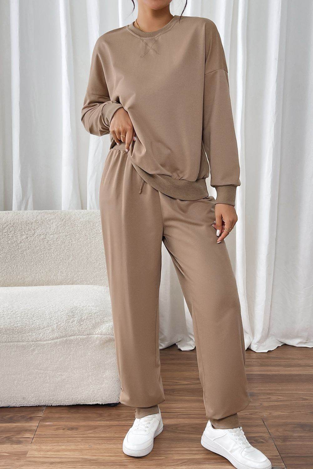 Perfee Round Neck Long Sleeve Top and Pants Set - Delanoir
