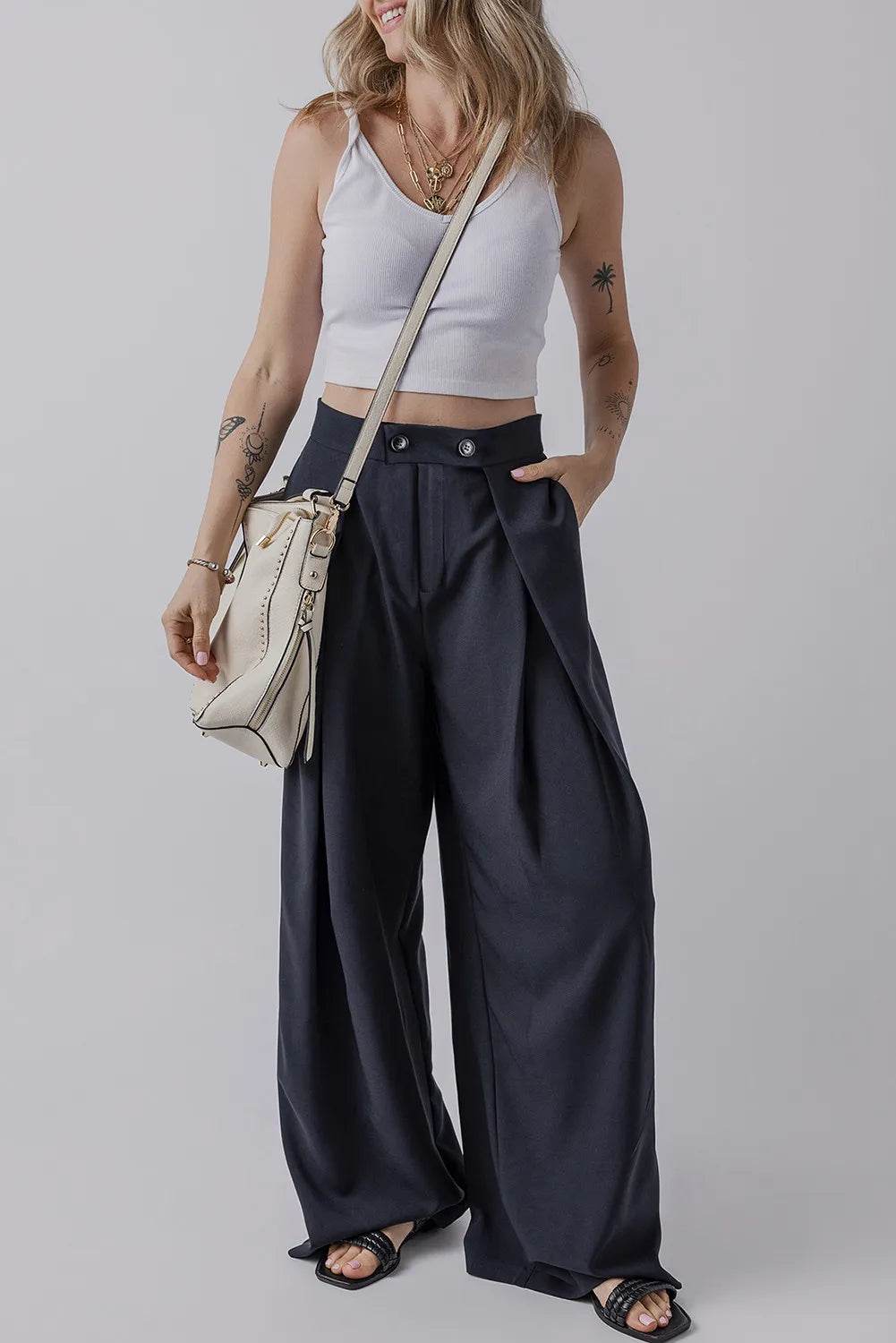Wide Leg Pants with Pockets - Delanoir