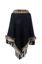 Faux Fur Trim Fringed Poncho - Delanoir