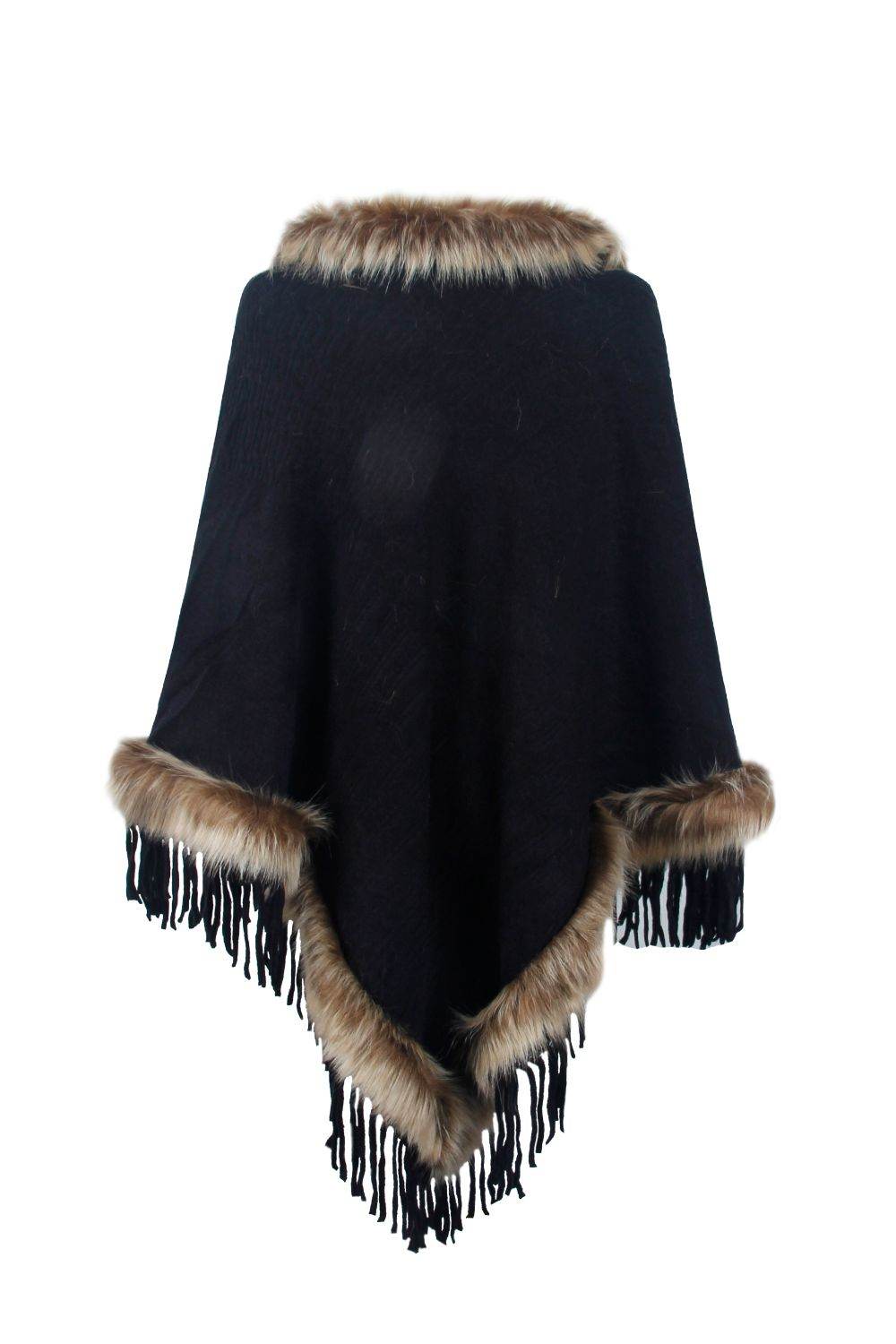 Faux Fur Trim Fringed Poncho - Delanoir
