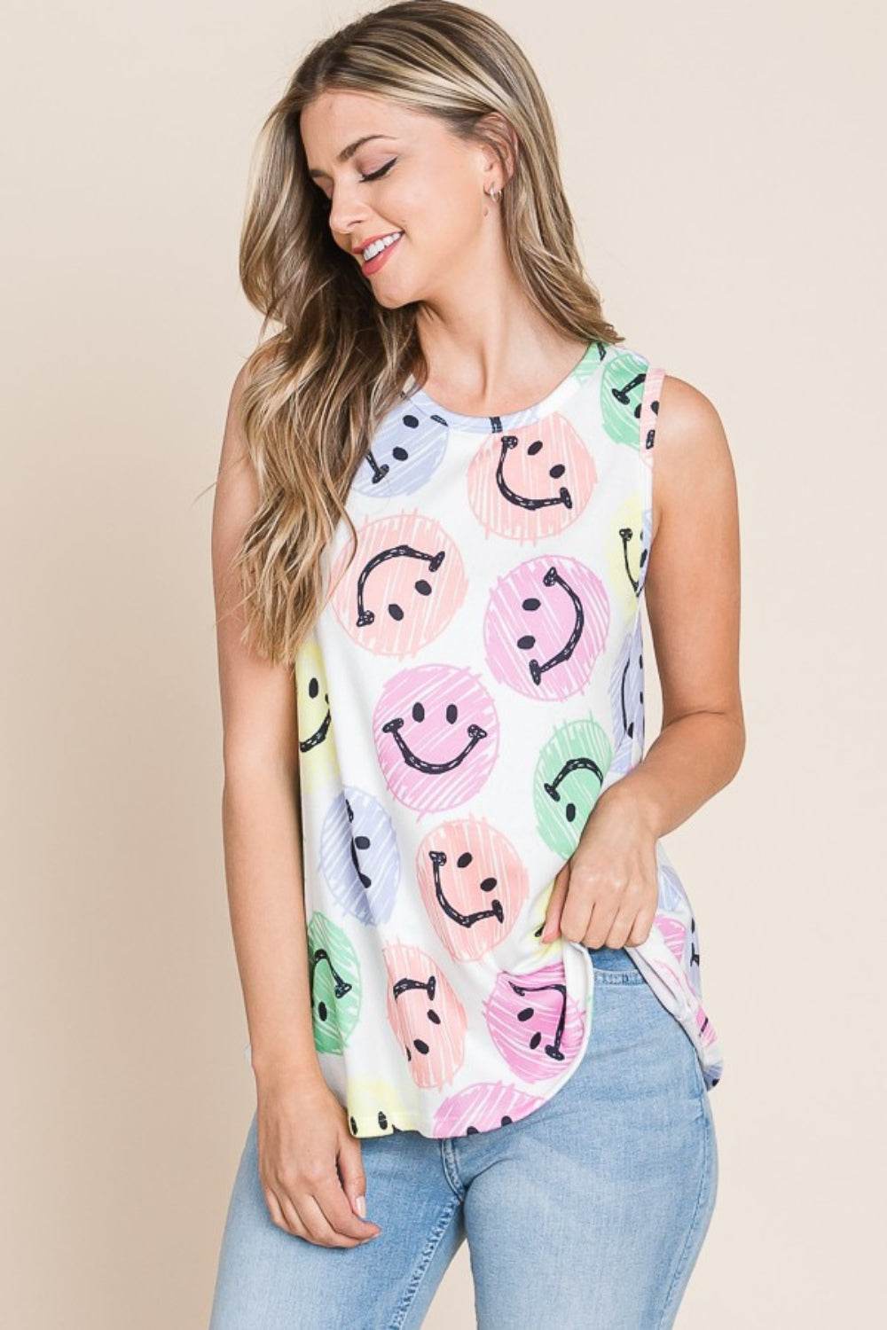 BOMBOM Smiley Face Round Neck Tank - Delanoir
