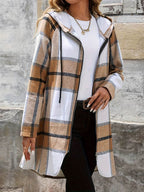Drawstring Plaid Zip Up Hooded Outerwear - Delanoir