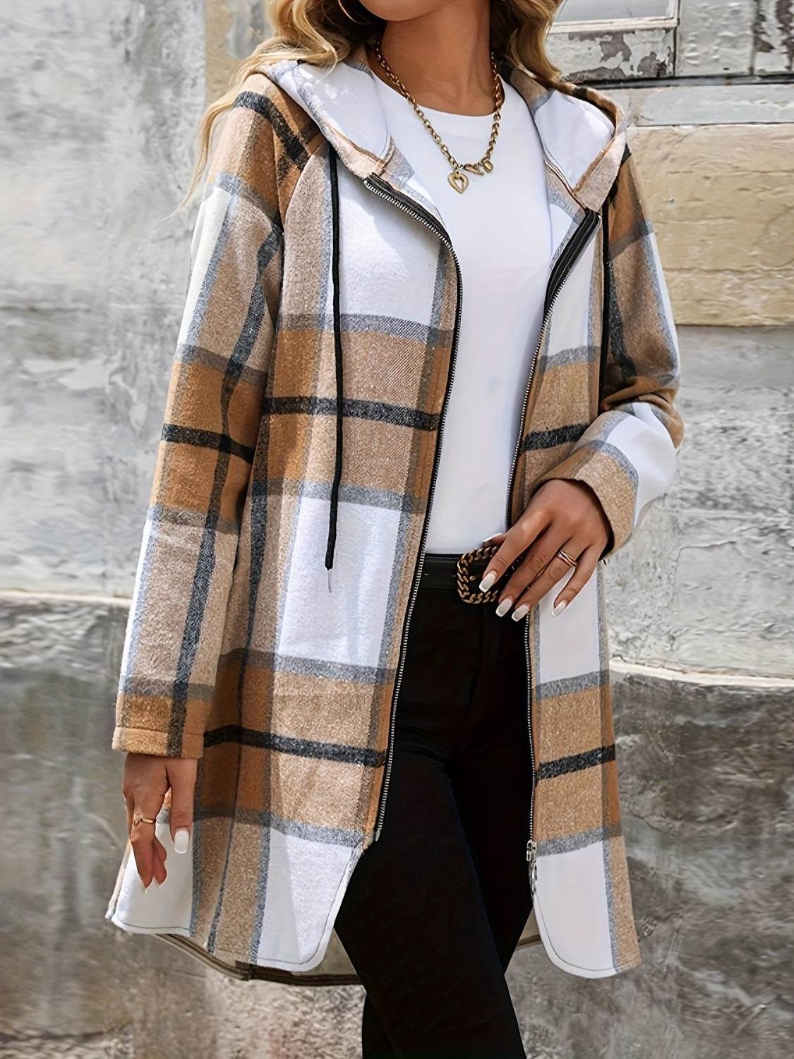 Drawstring Plaid Zip Up Hooded Outerwear - Delanoir