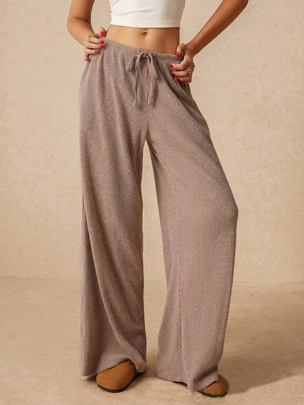 Ribbed Drawstring Wide Leg Pants - Delanoir