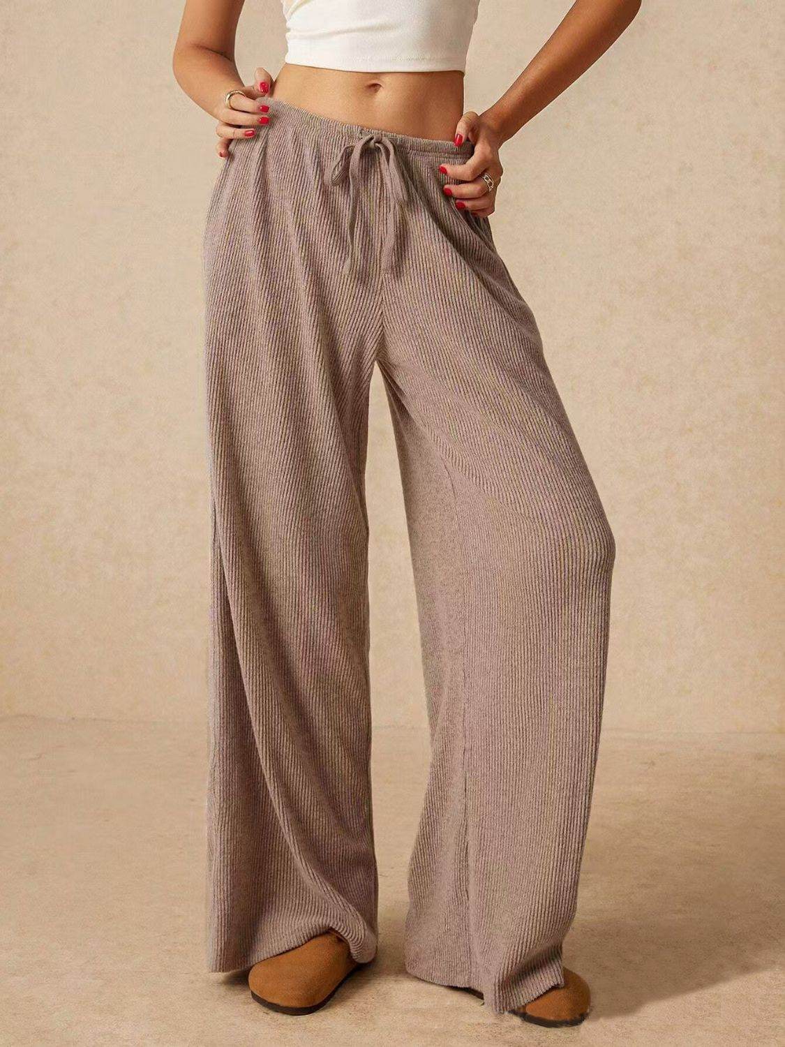 Ribbed Drawstring Wide Leg Pants - Delanoir