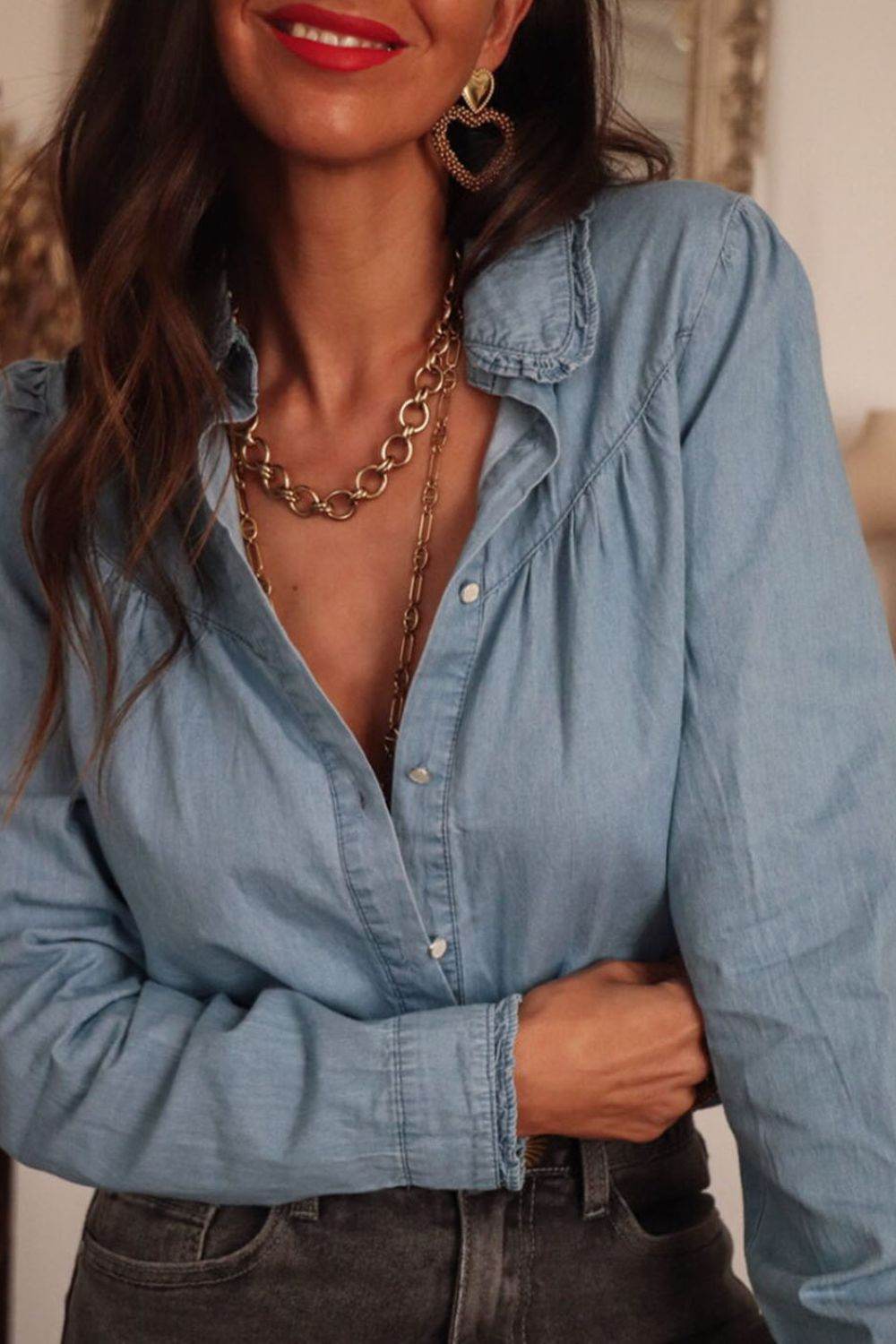Button Up Long Sleeve Denim Top - Delanoir