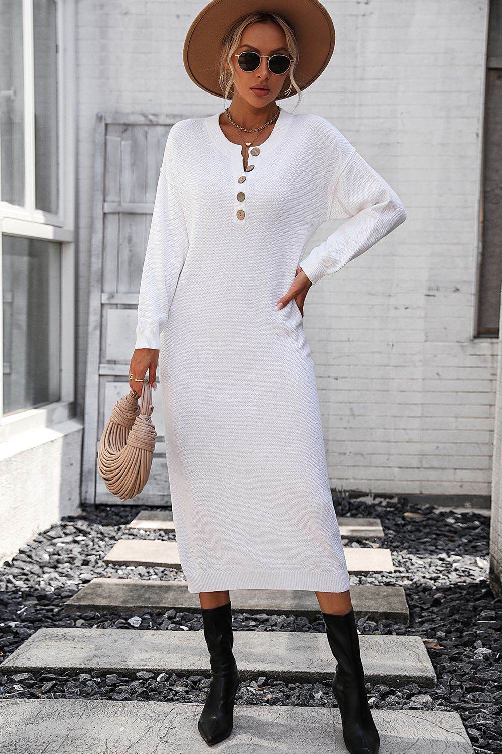 Decorative Button Notched Dropped Shoulder Sweater Dress - Delanoir