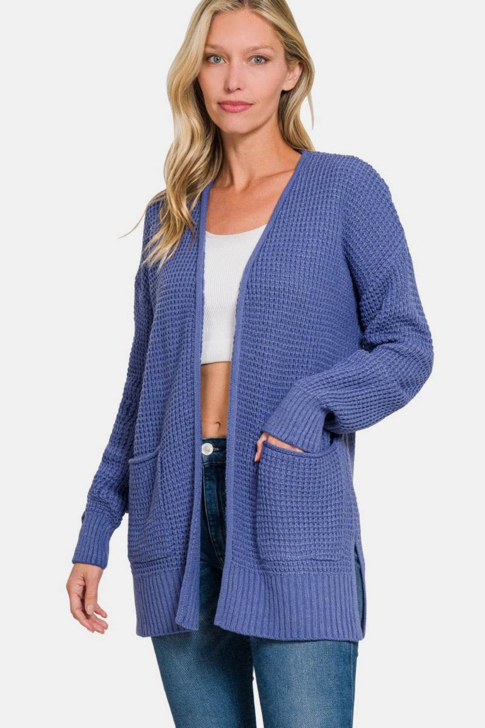 Zenana Waffle Open Front Sweater Cardigan - Delanoir