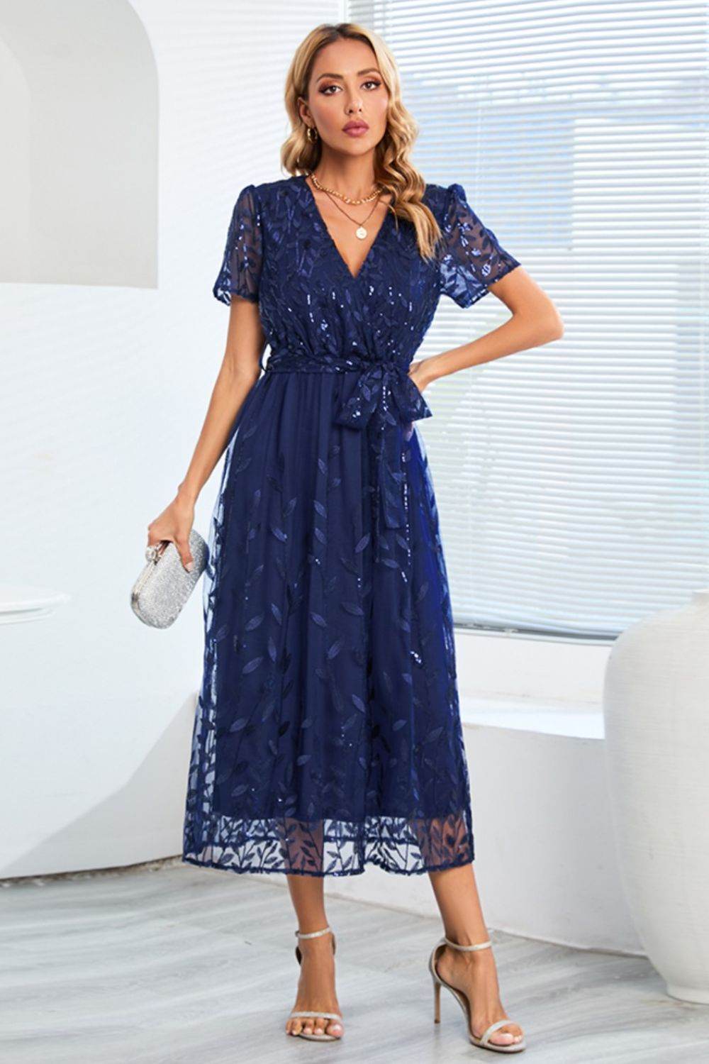 Sequin Leaf Embroidery Tie Front Short Sleeve Dress - Delanoir