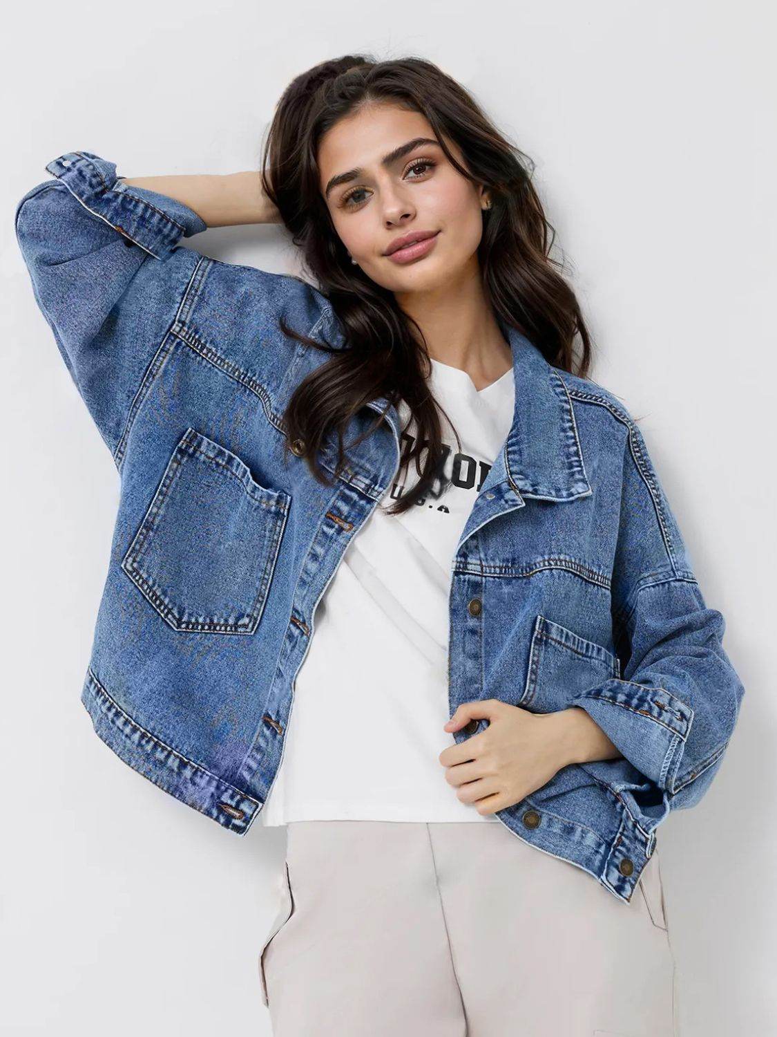 Pocketed Button Up Long Sleeve Denim Top - Delanoir