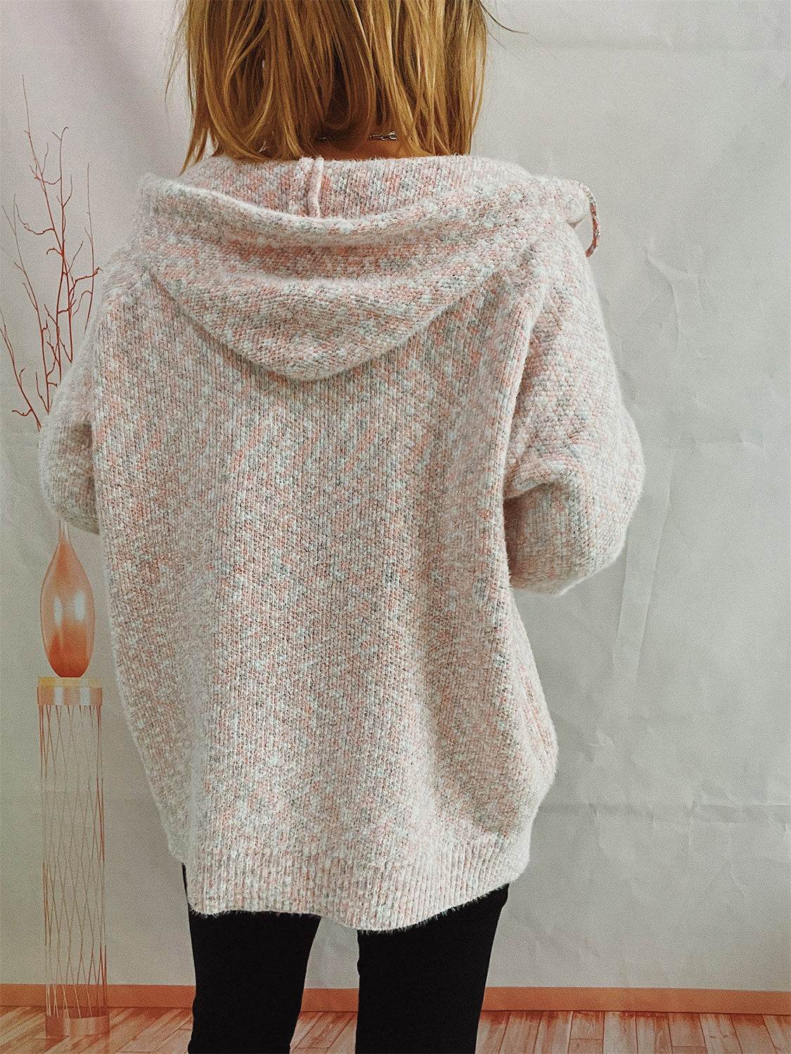 Zip Up Drawstring Long Sleeve Hooded Sweater - Delanoir