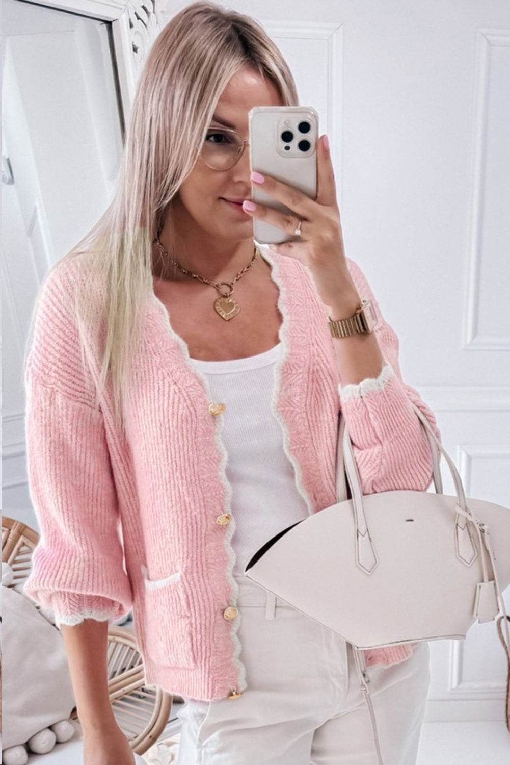 Contrast Trim V-Neck Long Sleeve Cardigan - Delanoir