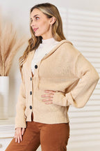 Woven Right Button-Down Long Sleeve Hooded Sweater - Delanoir