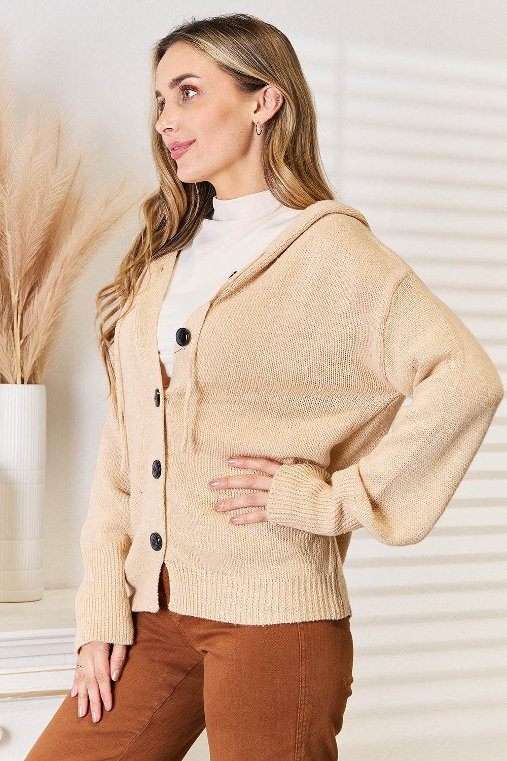 Woven Right Button-Down Long Sleeve Hooded Sweater - Delanoir