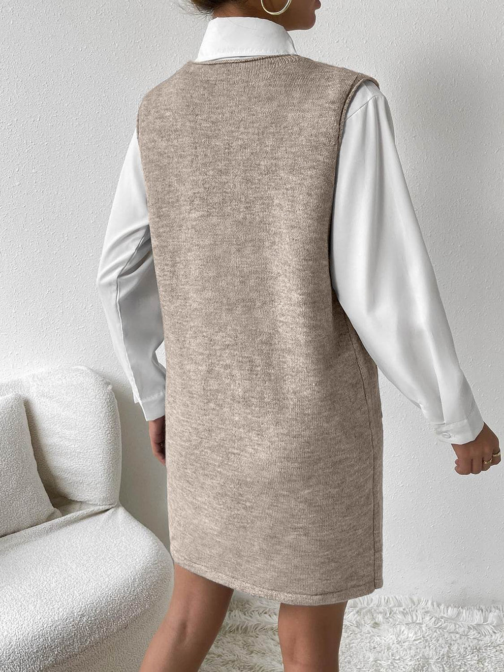 V-Neck Sleeveless Sweater Dress with Pockets - Delanoir