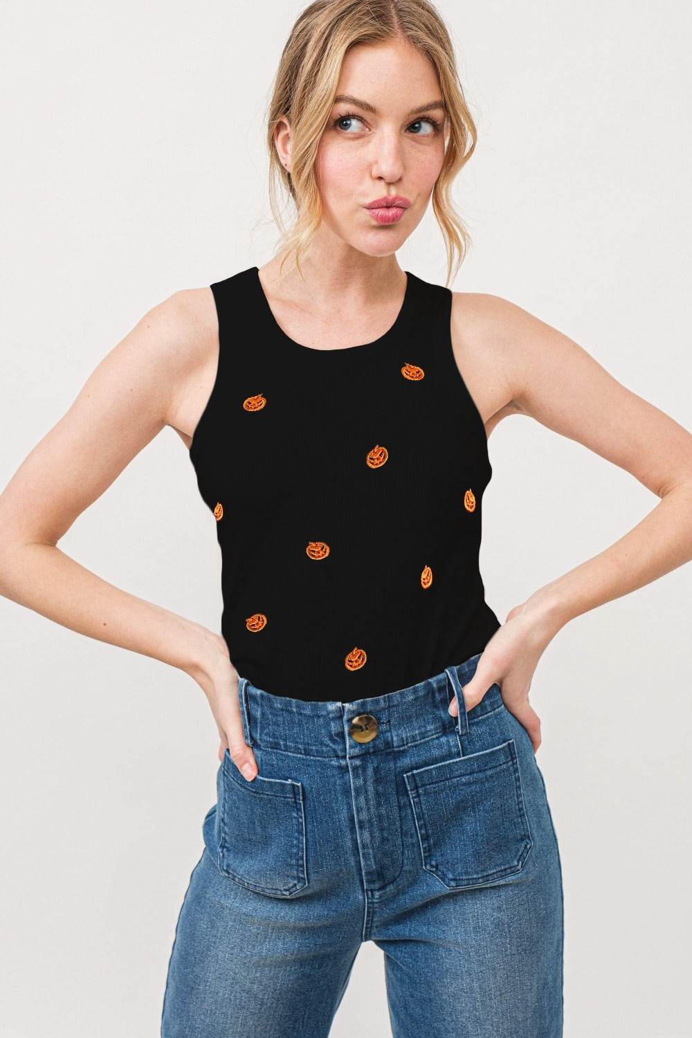 And The Why Jack O' Lantern Embroidered Ribbed Tank - Delanoir