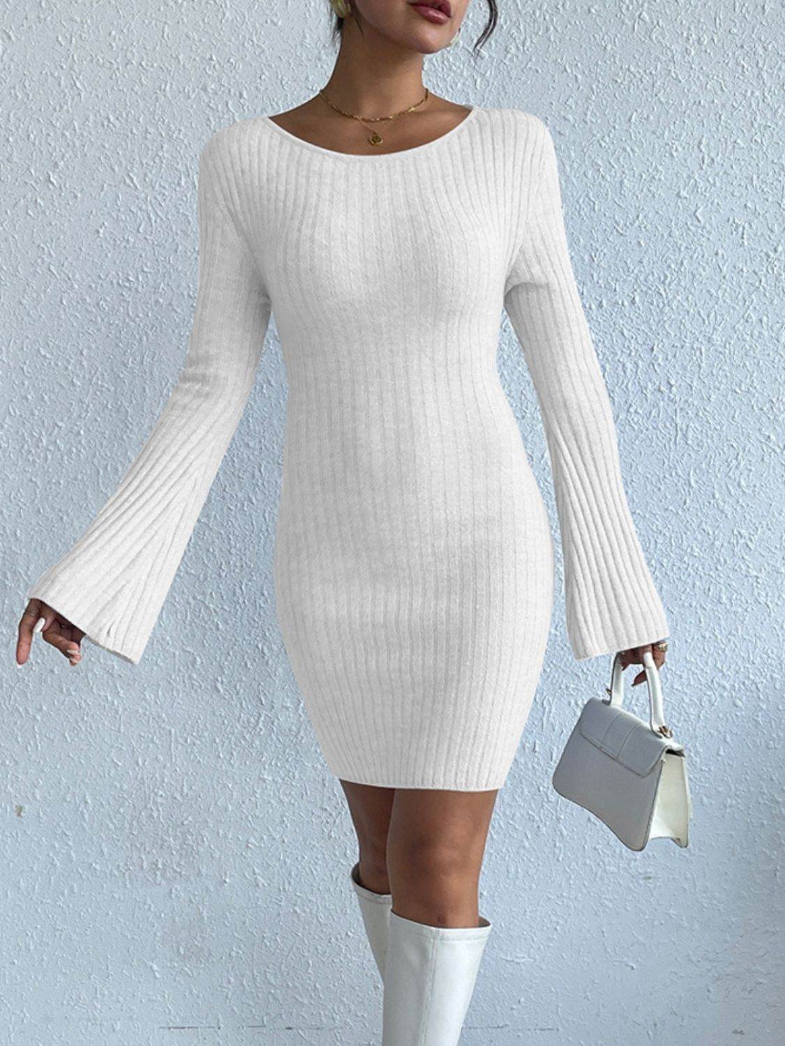 Backless Round Neck Long Sleeve Sweater Dress - Delanoir