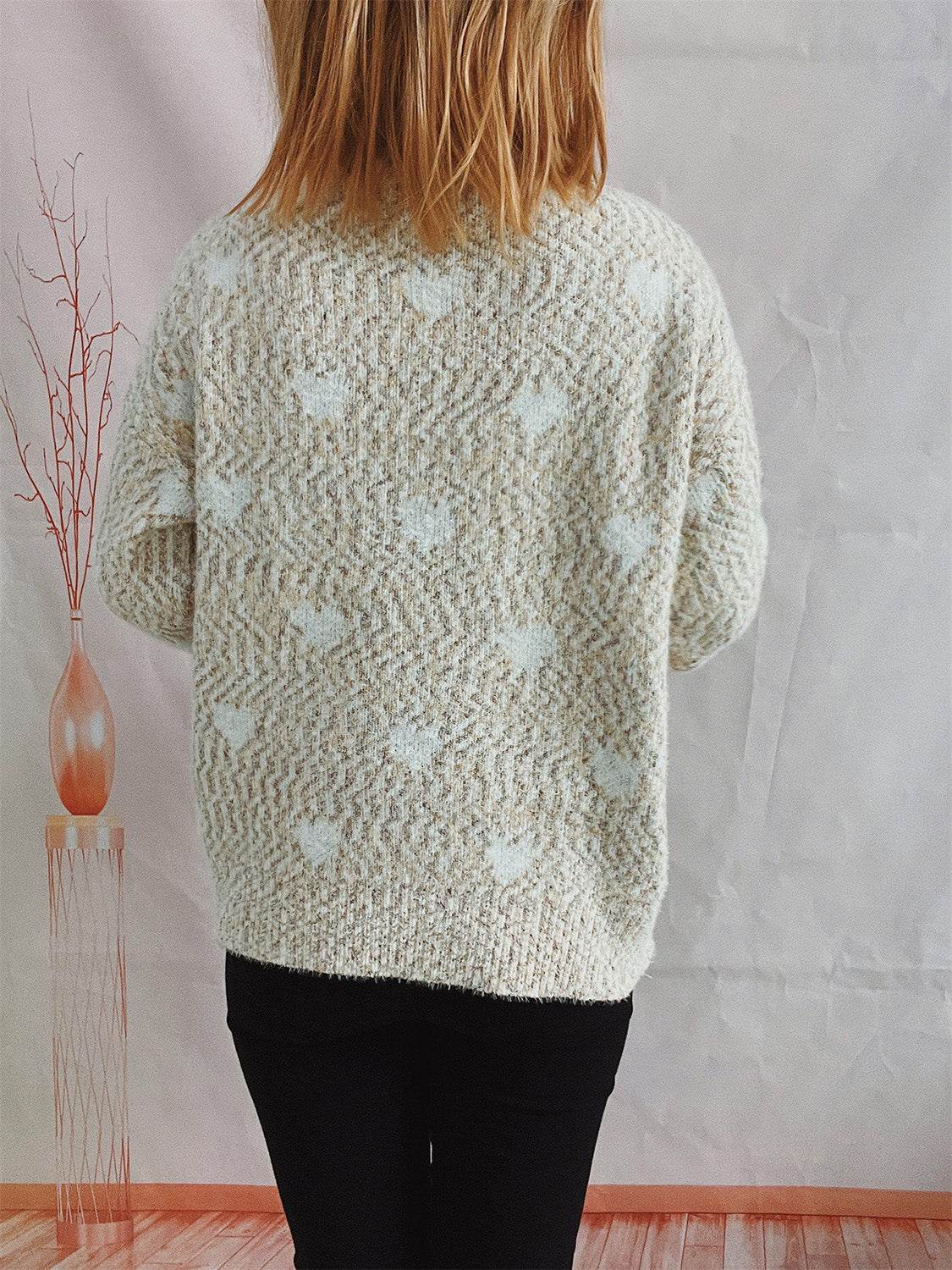 Heart Heathered Turtleneck Drop Shoulder Sweater - Delanoir