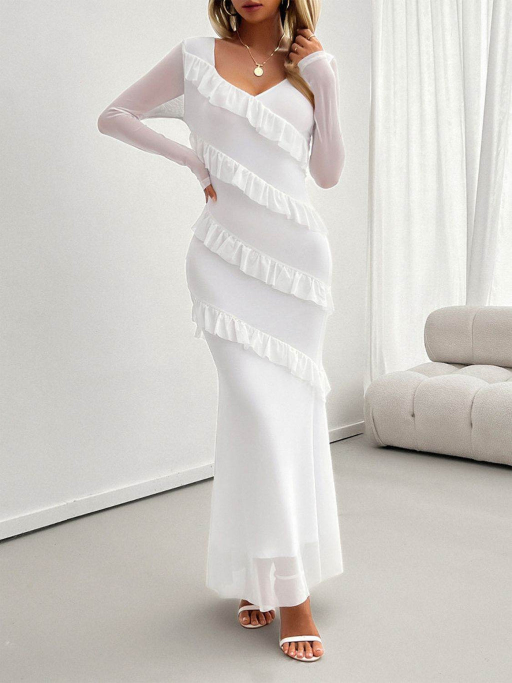 Devine Ruffled Surplice Long Sleeve Maxi Dress - Delanoir