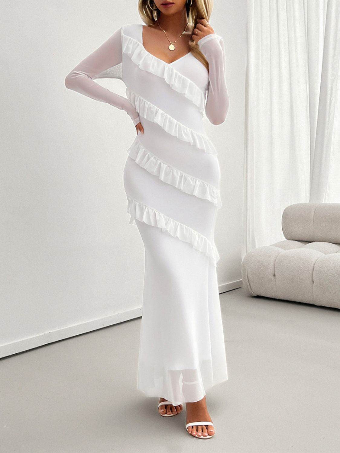 Devine Ruffled Surplice Long Sleeve Maxi Dress - Delanoir
