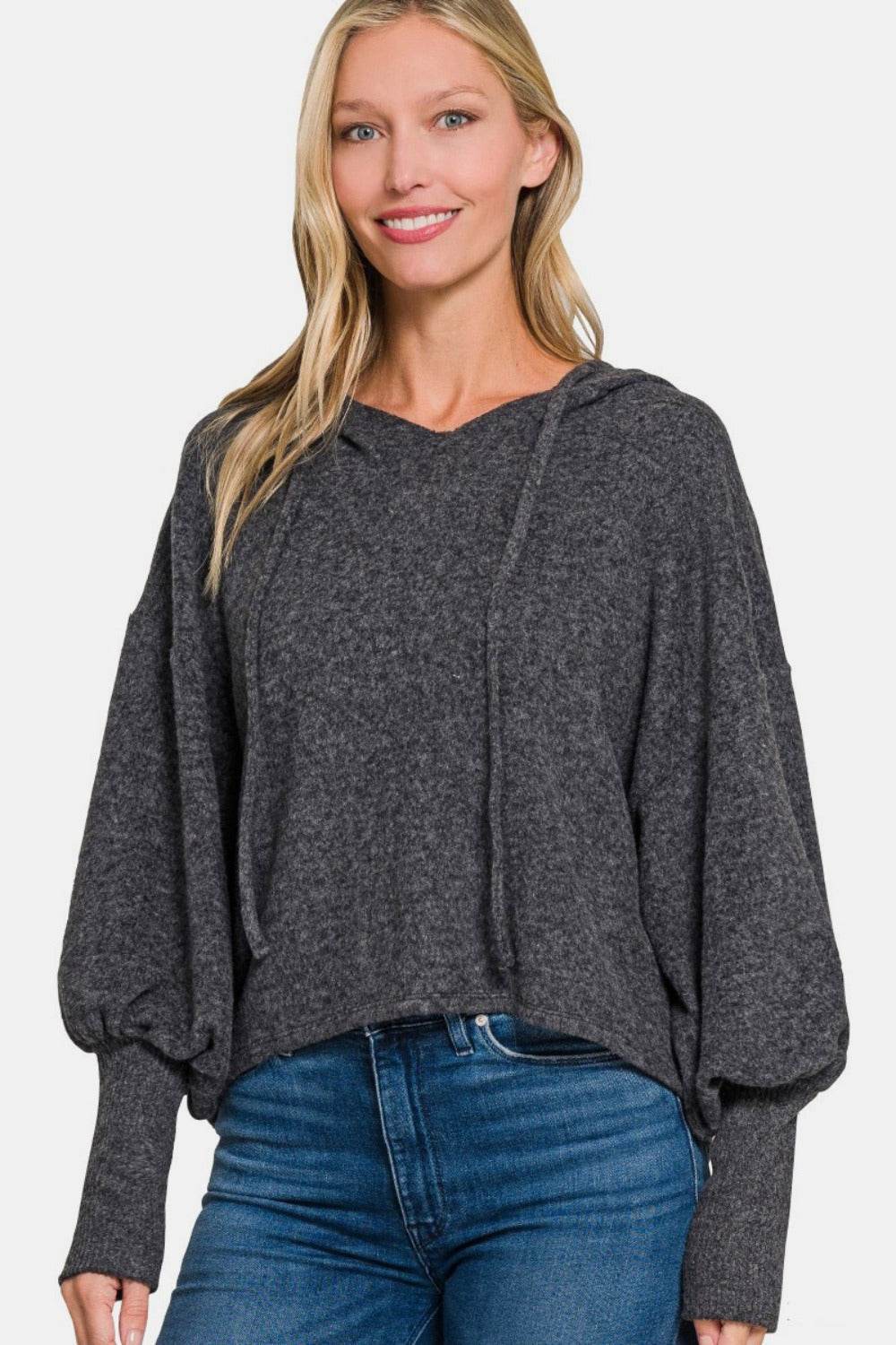 Zenana Brushed Hacci Drop Shoulder Cropped Hoodie - Delanoir
