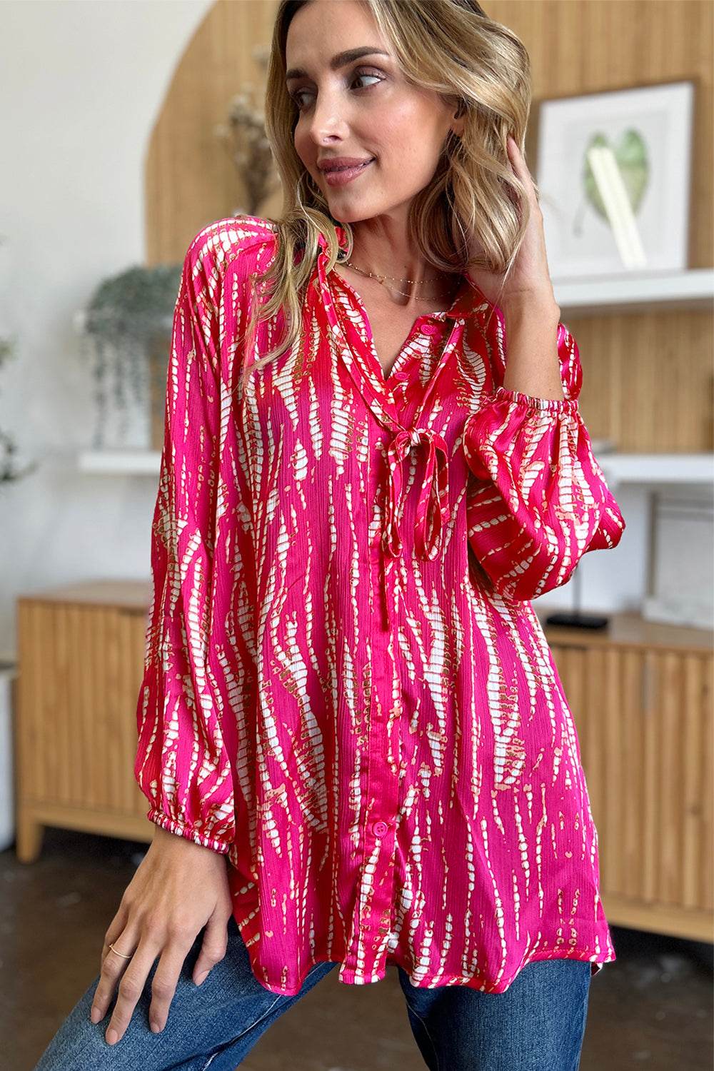 Double Take Full Size Printed Button Up Long Sleeve Shirt - Delanoir