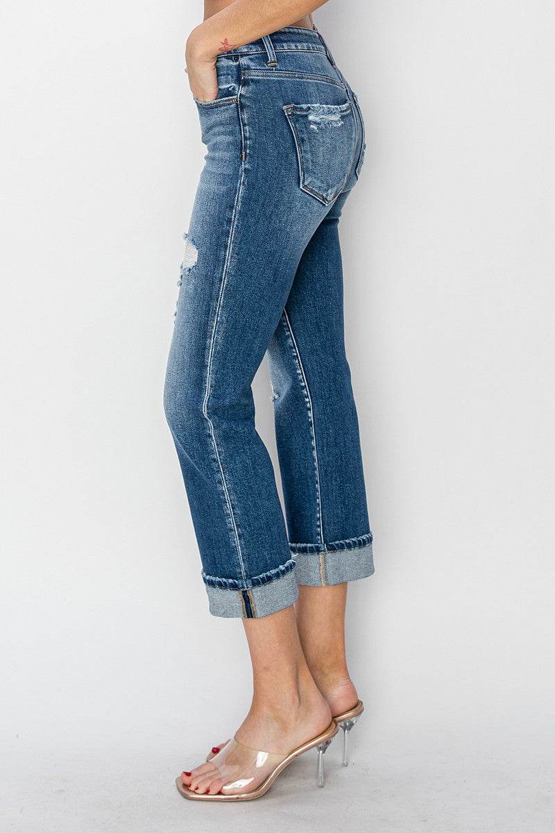 RISEN Full Size Cuffed Ankle Distressed Straight Jeans - Delanoir