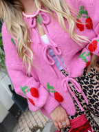 Tied Cherry Round Neck Long Sleeve Cardigan - Delanoir