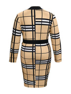 Plus Size Plaid V-Neck Long Sleeve Wrap Dress - Delanoir