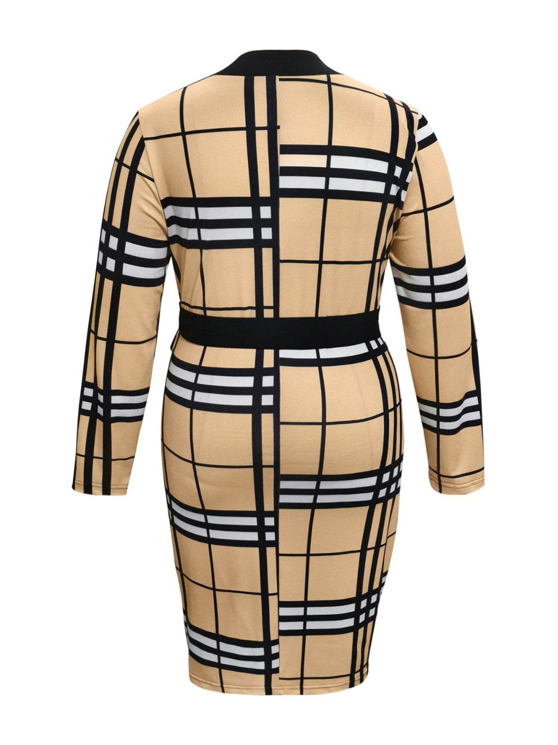 Plus Size Plaid V-Neck Long Sleeve Wrap Dress - Delanoir