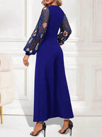 Surplice Embroidered Long Sleeve Wide Leg Jumpsuit - Delanoir