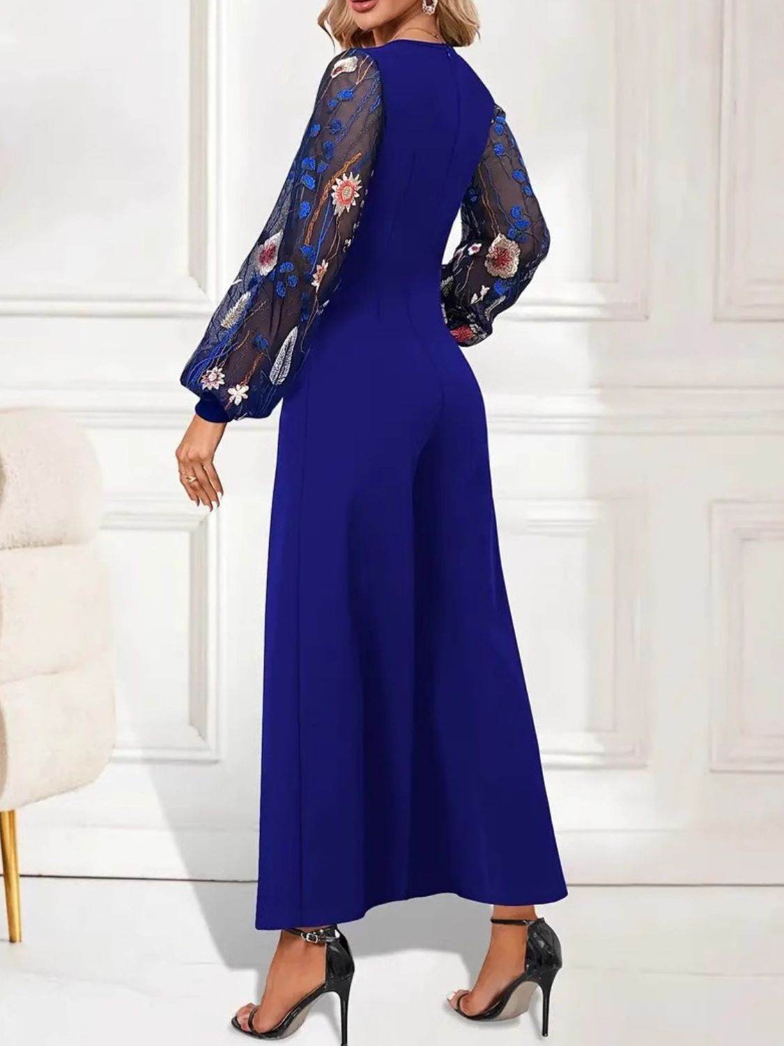 Surplice Embroidered Long Sleeve Wide Leg Jumpsuit - Delanoir