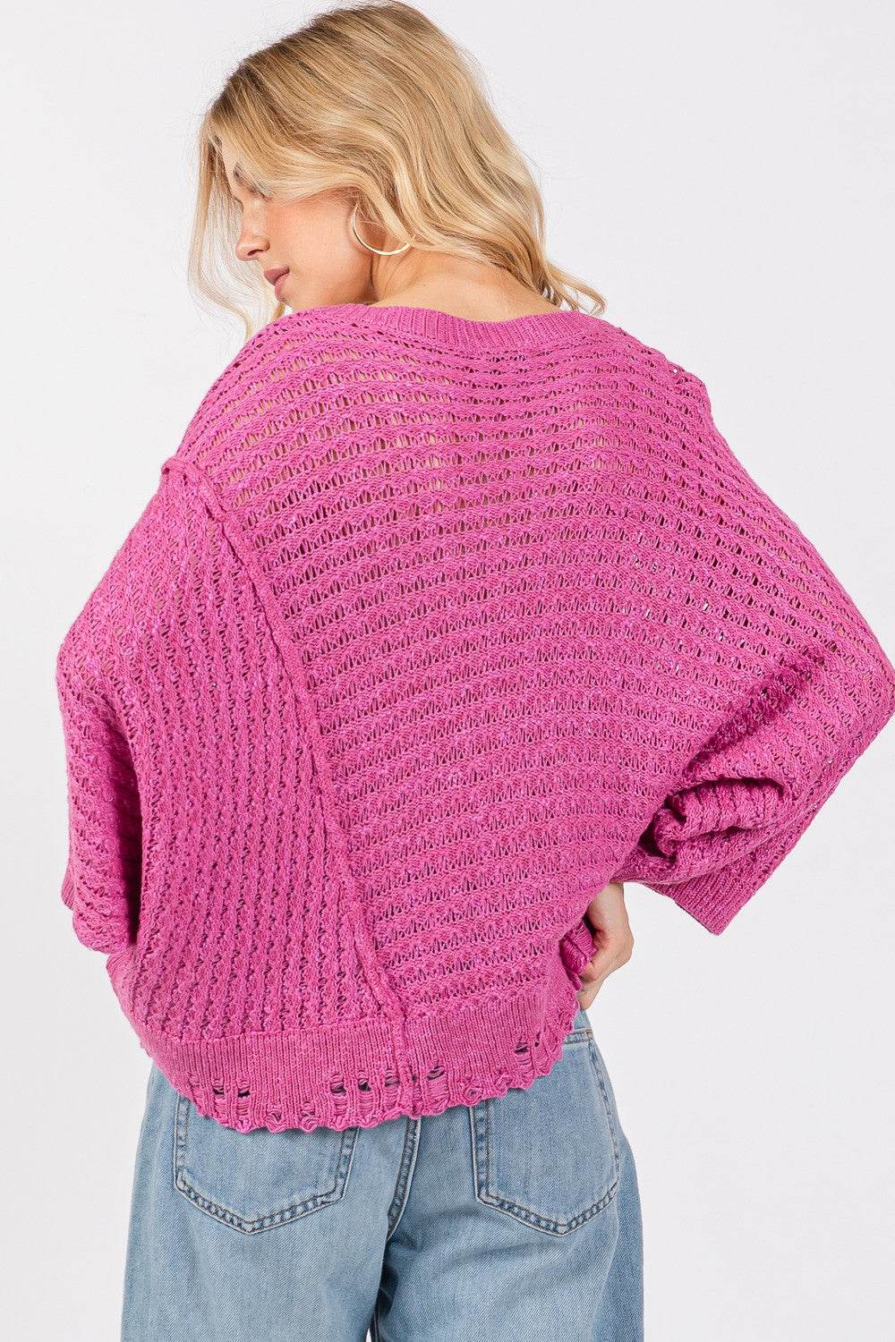 SAGE + FIG Distressed Asymmetrical Open Stitch Sweater - Delanoir