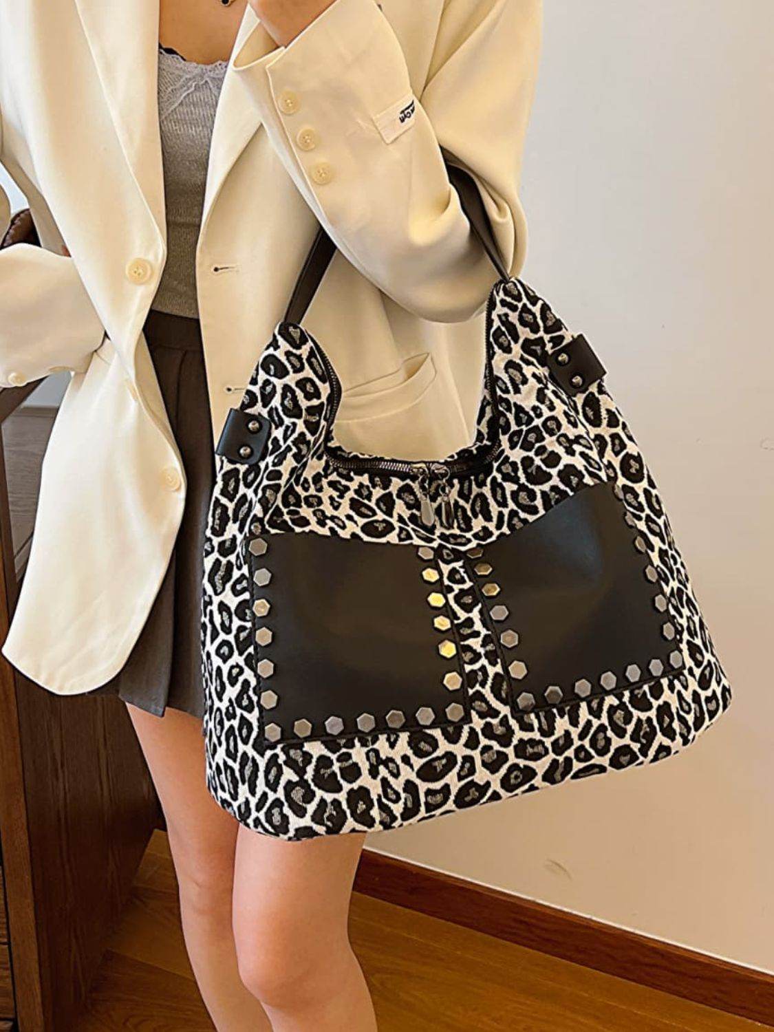 Leopard Polyester Shoulder Bag with Zippers - Delanoir