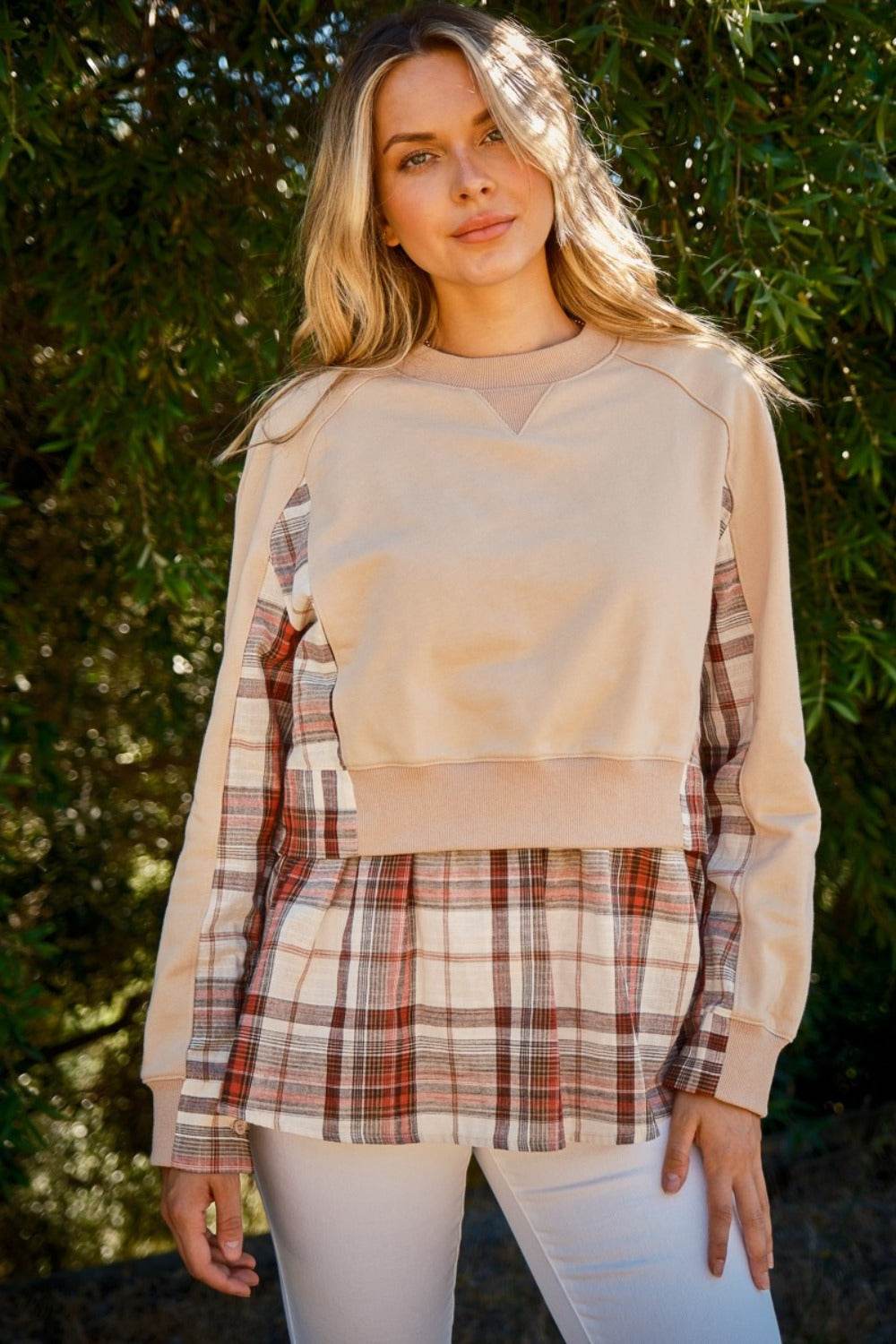 And The Why Full Size Double Layered Plaid Contrast Sweatshirt - Delanoir