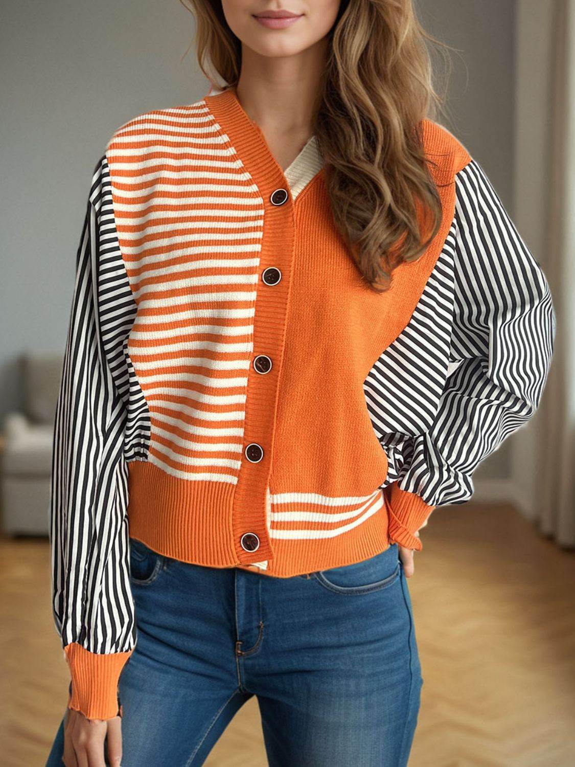 Striped Button Down Long Sleeve Cardigan - Delanoir