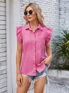 Ruffled Pocketed Collared Neck Cap Sleeve Denim Top - Delanoir